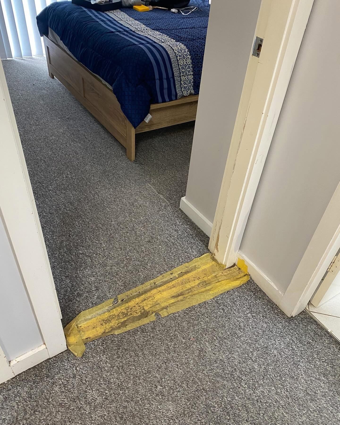 Before: bedroom hallway with grey carpet and old door threshold being removed